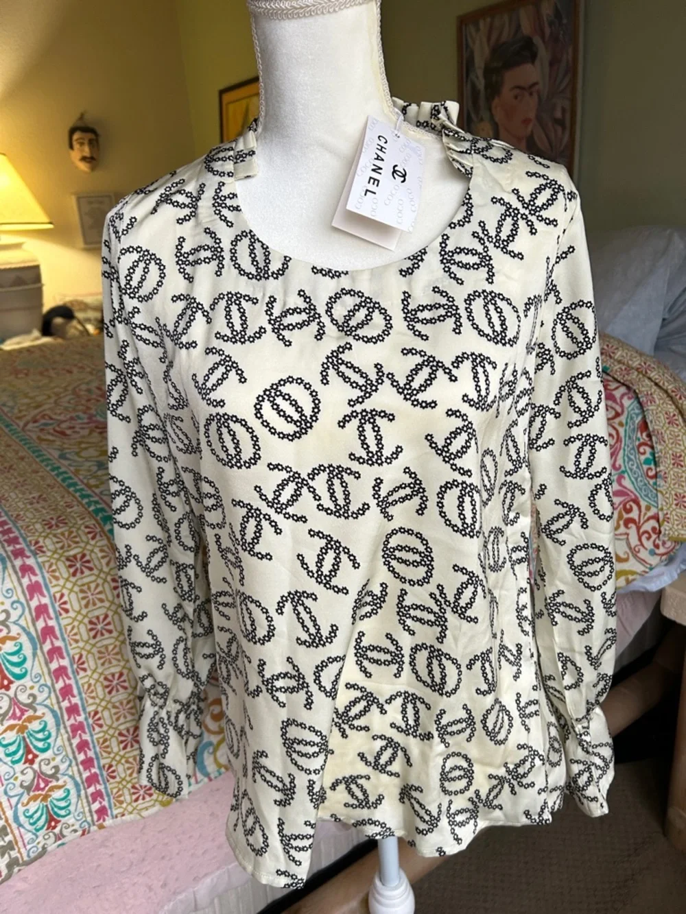 CHANEL Cream and Black CC Print Long Sleeve Top - Picture 1 of 14